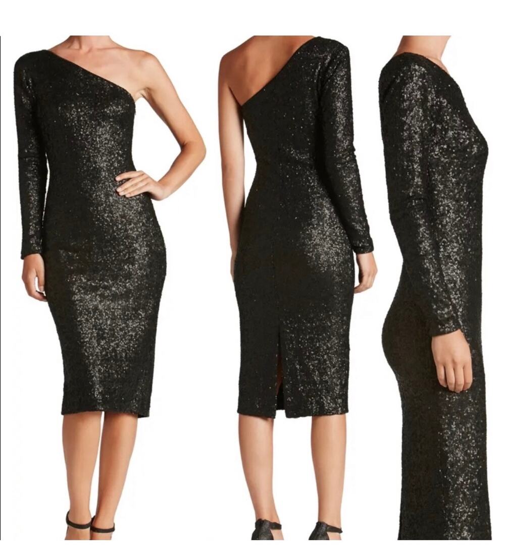 Dress The Population Black Sequin One-Shoulder Dress